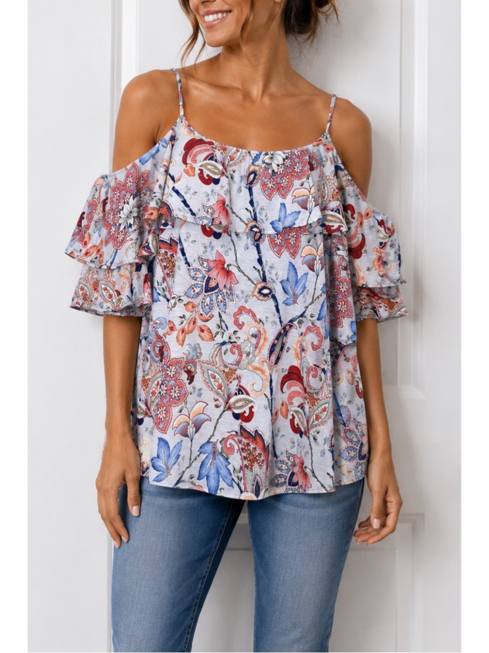 Corvia blue & pink cold-shoulder floral paisley blouse, size 2x